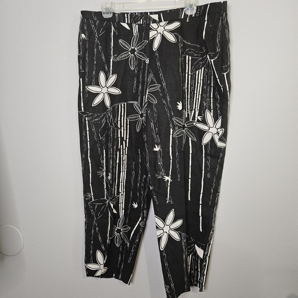 Uniform by John Paul Richards Black White Bamboo Print 100% Linen Pants Size 16